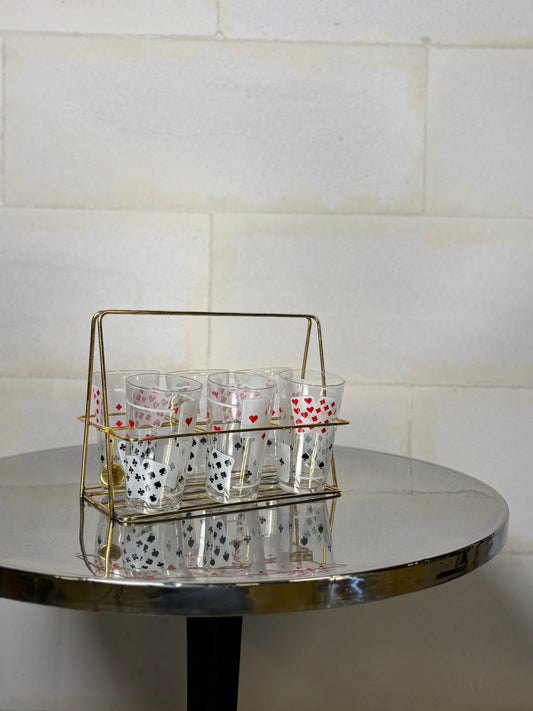 Lot de 6 verres tumbler motif jeu de cartes avec panier doré à l’or fin I Années 1970