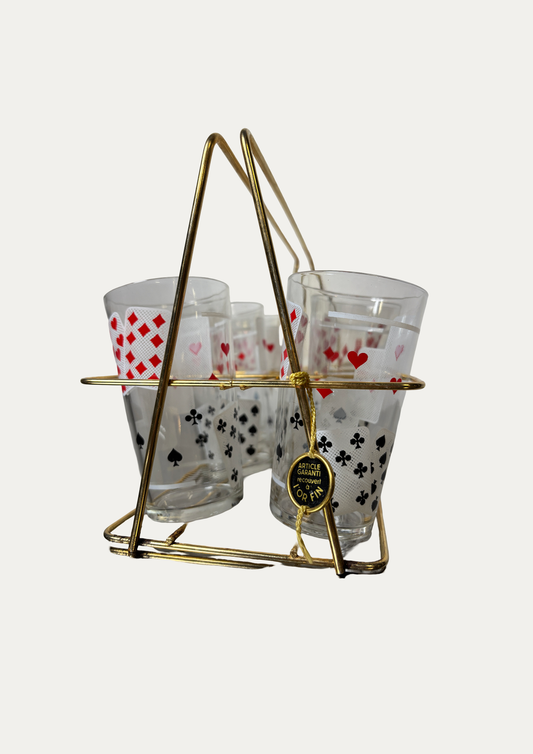 Lot de 6 verres tumbler motif jeu de cartes avec panier doré à l’or fin I Années 1970