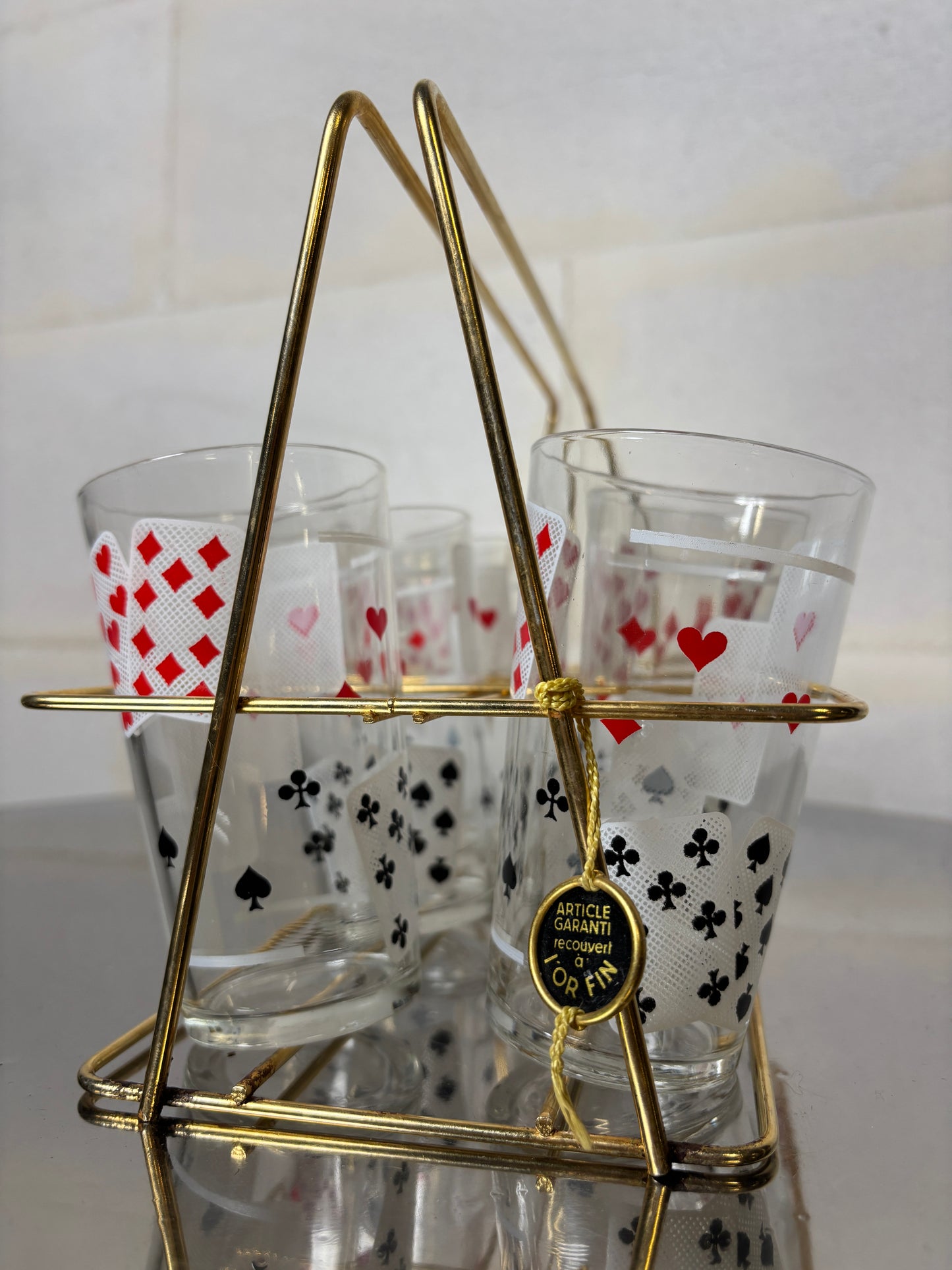 Lot de 6 verres tumbler motif jeu de cartes avec panier doré à l’or fin I Années 1970