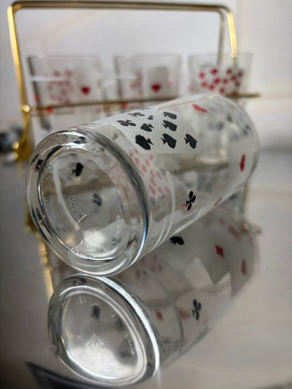 Lot de 6 verres tumbler motif jeu de cartes avec panier doré à l’or fin I Années 1970