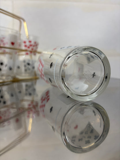 Lot de 6 verres tumbler motif jeu de cartes avec panier doré à l’or fin I Années 1970