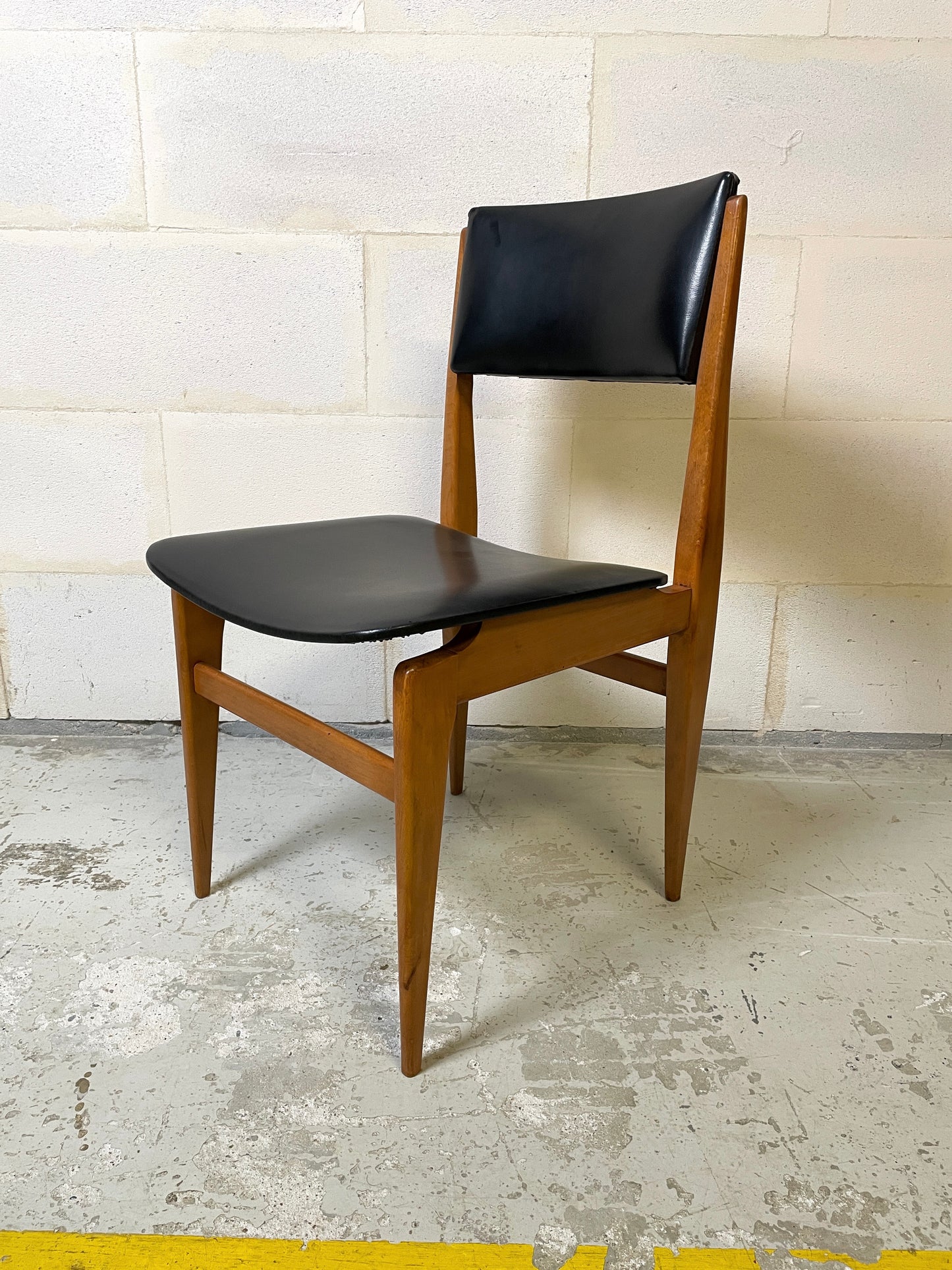 Set of 6 Scandinavian Style Chairs in Black Leatherette and Teak ⎜ 1960s