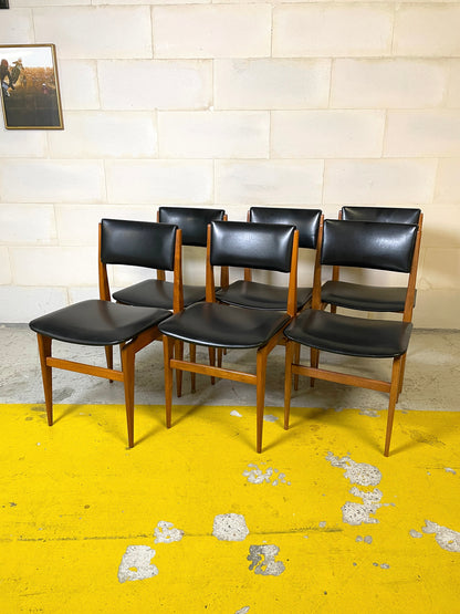 Set of 6 Scandinavian Style Chairs in Black Leatherette and Teak ⎜ 1960s