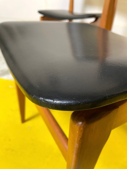 Set of 6 Scandinavian Style Chairs in Black Leatherette and Teak ⎜ 1960s