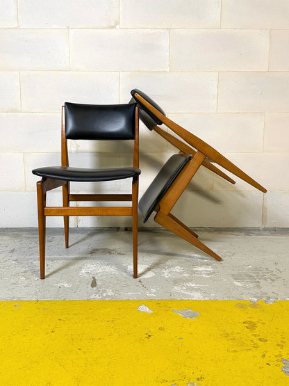 Set of 6 Scandinavian Style Chairs in Black Leatherette and Teak ⎜ 1960s