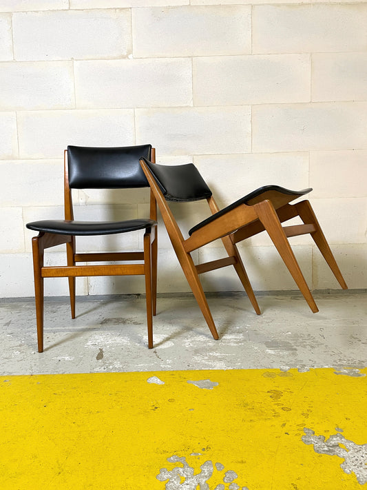 Set of 6 Scandinavian Style Chairs in Black Leatherette and Teak ⎜ 1960s