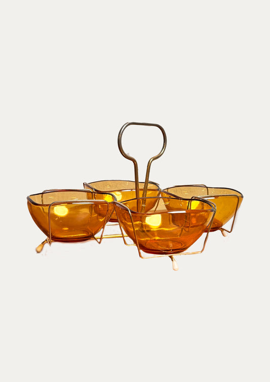 Plateau Apéritif Vintage de Vereco Verre Ambré et Metal Doré ⎥ années 1970